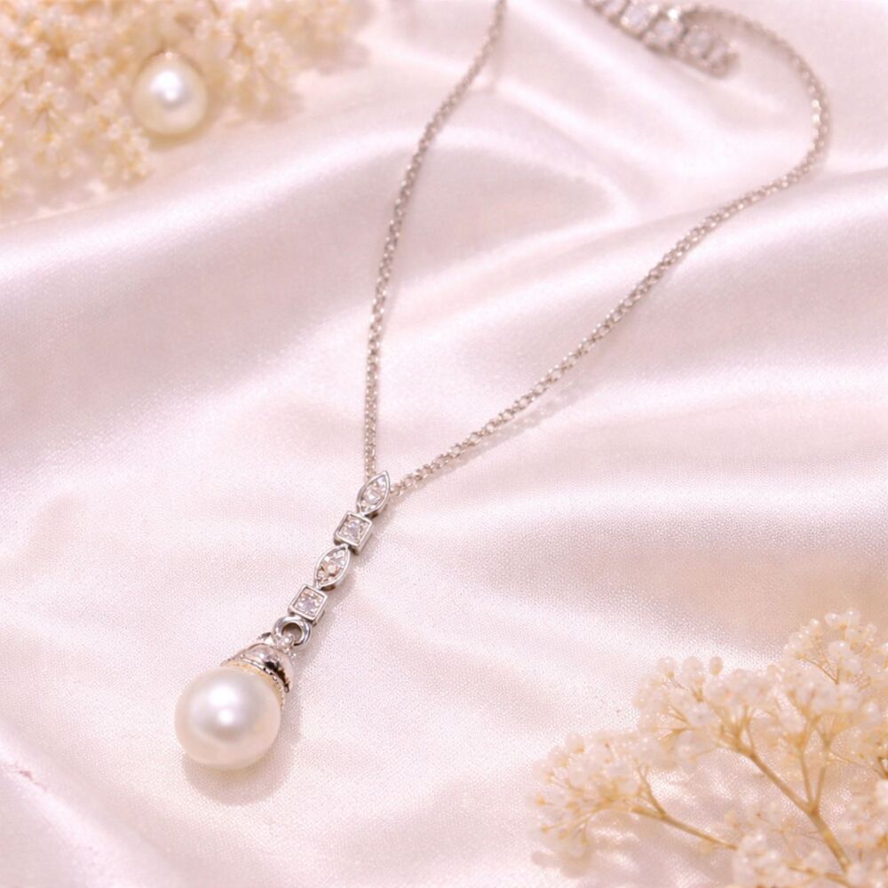 Vintage Avon Faux Pearl and Rhinestone Silver Tone Drop Necklace